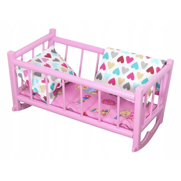 Culla per bambola Peewit rosa in legno con materasso e biancheria da letto