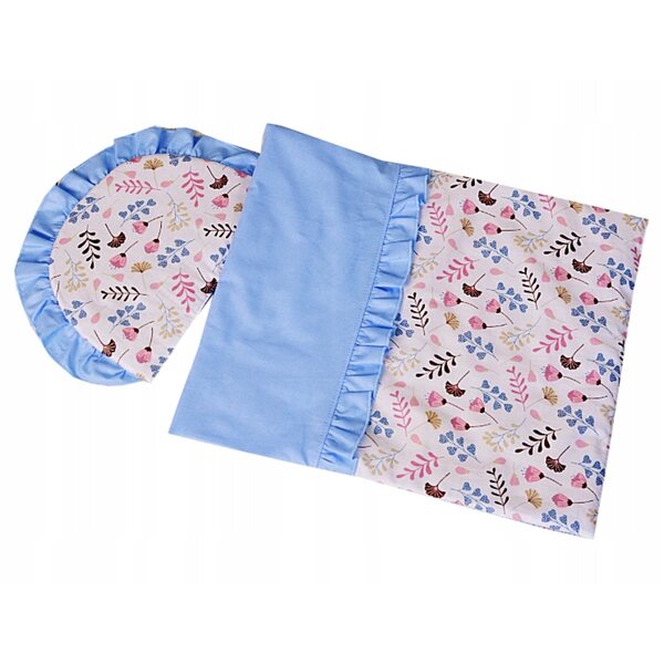 Komplettes Set Baumwollbettwäsche für Puppen mit blauen Rüschen