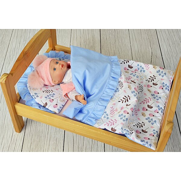 Komplettes Set Baumwollbettwäsche für Puppen mit blauen Rüschen