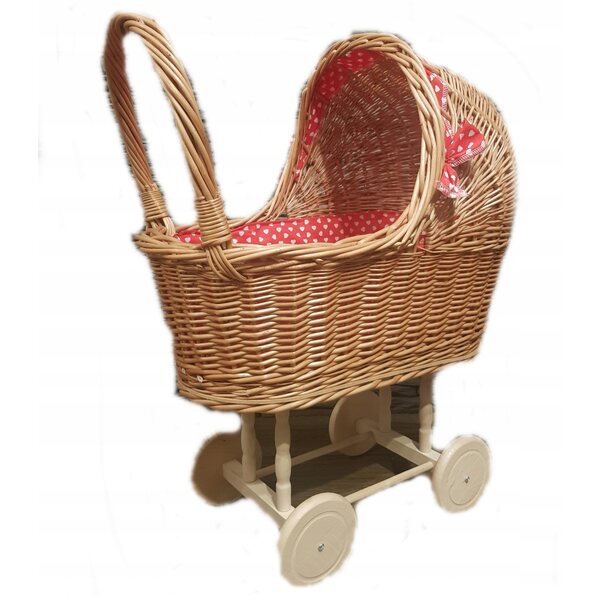 Puppenwagen aus Korbgeflecht mit roter Schleife und beweglichen Rädern