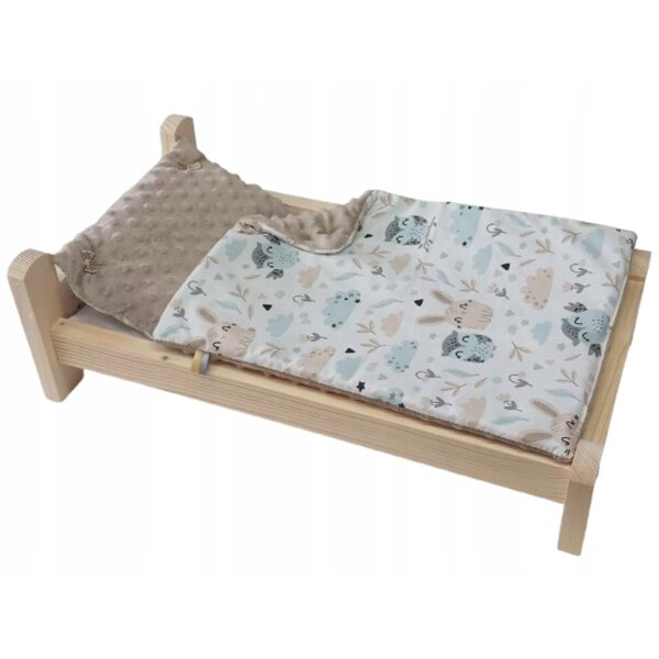 Großes Puppenbett aus Holz mit kompletter Bettwäsche, einfache Montage