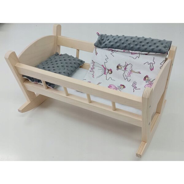 Weiße Holzwiege für Puppen mit Bettwäsche aus 100 % Baumwolle