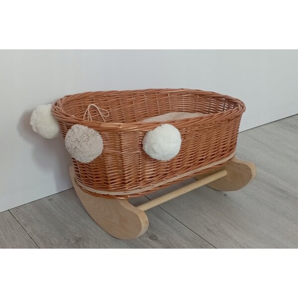 Culla in vimini per bambole con cuscino pompon 45x27x28 cm naturale