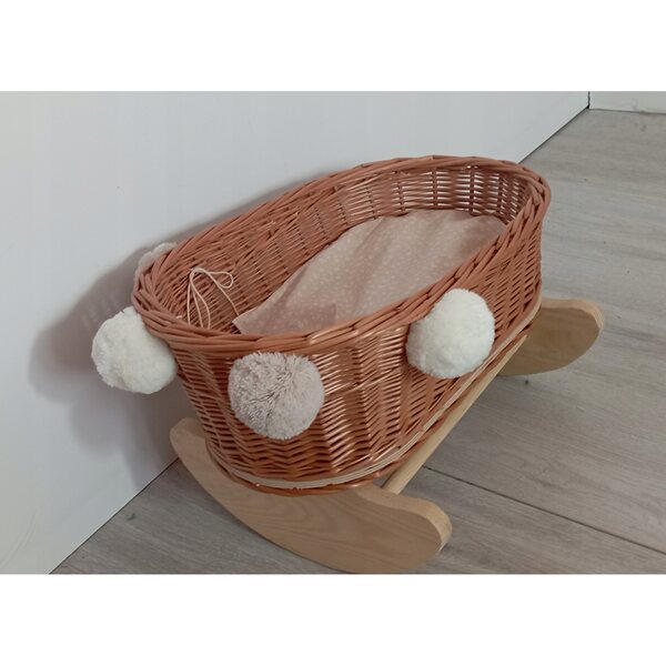 Culla in vimini per bambole con cuscino pompon 45x27x28 cm naturale