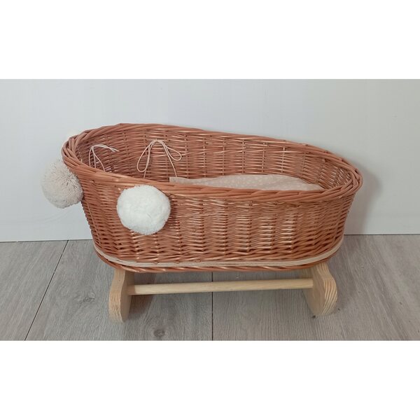 Culla in vimini per bambole con cuscino pompon 45x27x28 cm naturale