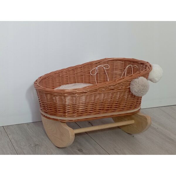 Culla in vimini per bambole con cuscino pompon 45x27x28 cm naturale