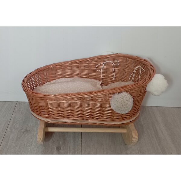 Culla in vimini per bambole con cuscino pompon 45x27x28 cm naturale
