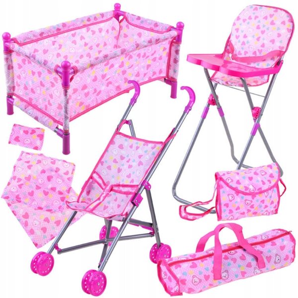 Set 5 in 1 per bambole con lettino, passeggino e seggiolone rosa Jokomisiada