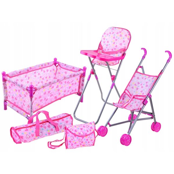 Set 5 in 1 per bambole con lettino, passeggino e seggiolone rosa Jokomisiada