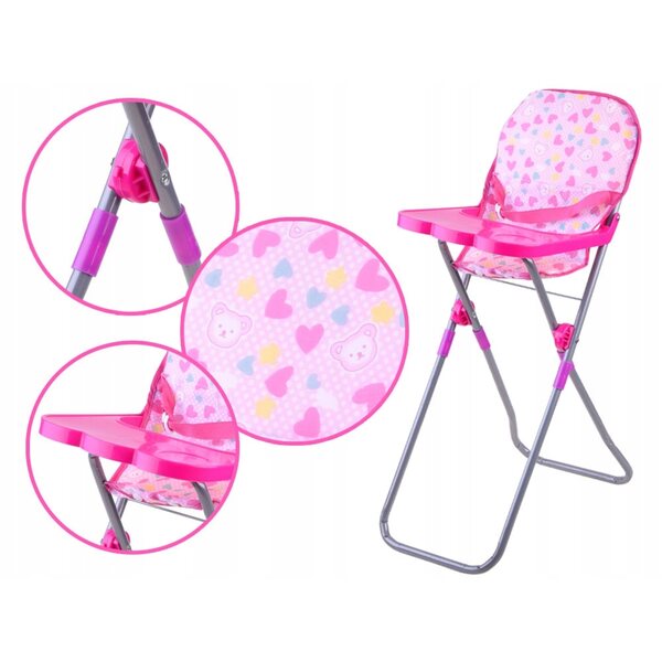 Set 5 in 1 per bambole con lettino, passeggino e seggiolone rosa Jokomisiada