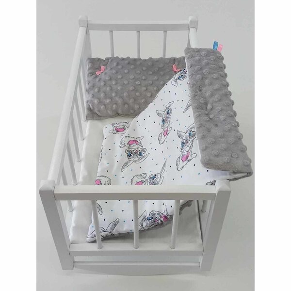 Weiße Holzwiege für Puppen mit kompletter 3-teiliger Bettwäsche, 49 cm