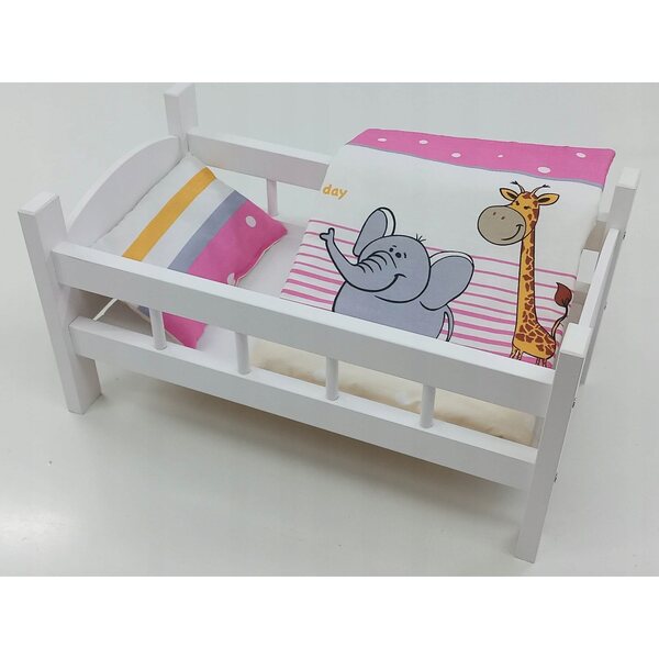 Letto bianco in legno per bambole con completo di biancheria in cotone