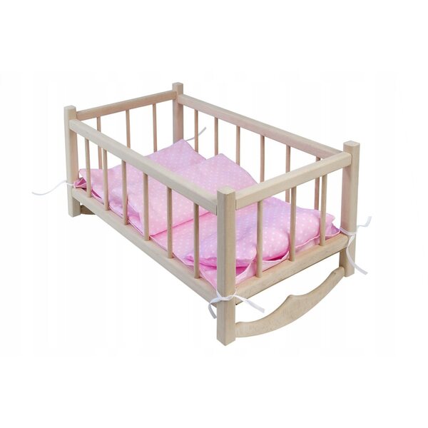 Holzbett für Puppen mit umweltfreundlichem rosa Leinen, 3 Stück, 48 x 27,5 x 26 cm