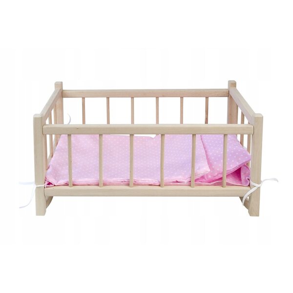 Holzbett für Puppen mit umweltfreundlichem rosa Leinen, 3 Stück, 48 x 27,5 x 26 cm