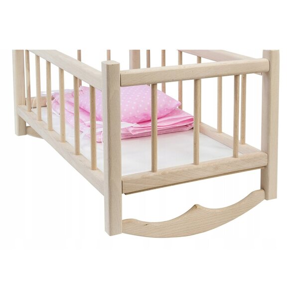 Holzbett für Puppen mit umweltfreundlichem rosa Leinen, 3 Stück, 48 x 27,5 x 26 cm