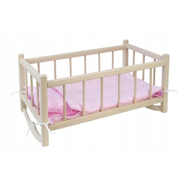 Holzbett für Puppen mit umweltfreundlichem rosa Leinen, 3 Stück, 48 x 27,5 x 26 cm