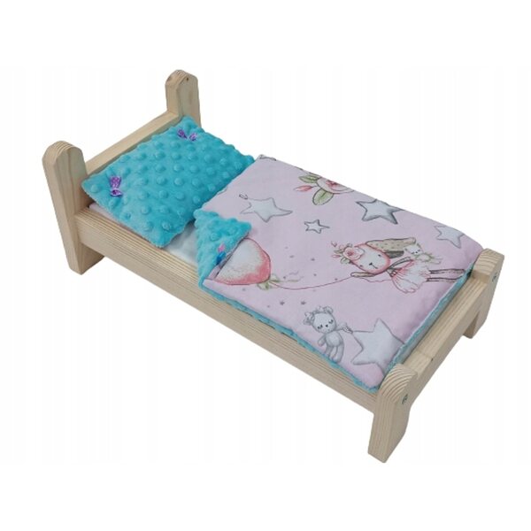 Letto in legno per bambole con biancheria Minky - kit completo robusto e colorato