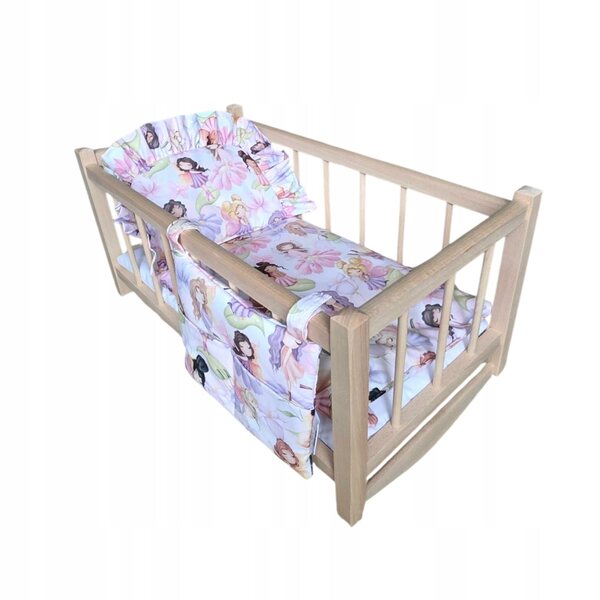 Dondolo in legno con biancheria da letto tema fate dei campi per bambole