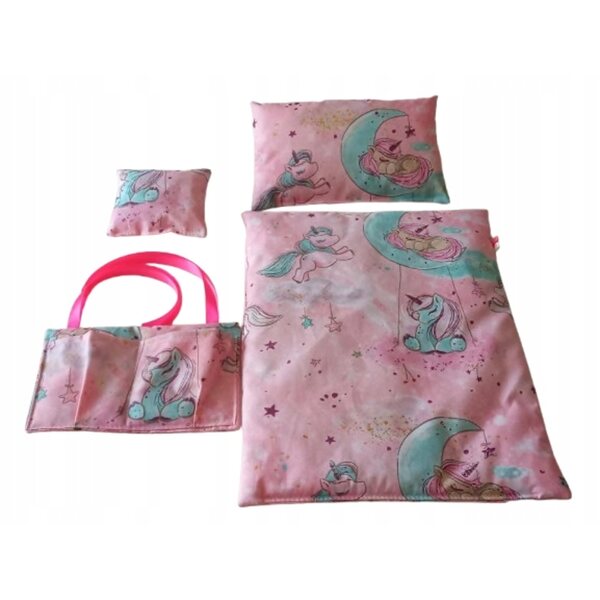 Puppenbettwäsche mit Organizer, 4 Elemente, rosa – Kinderwagen- und Kinderbett-Set