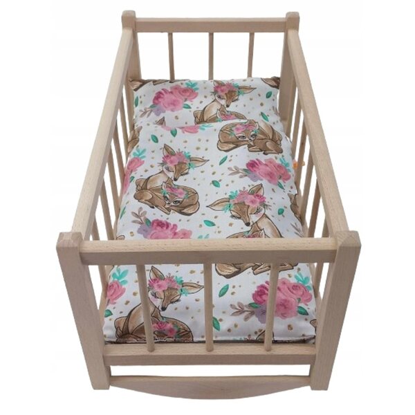 Holzbett mit Bettwäsche für Puppen – komplettes Set mit Rehkitz-Motiv