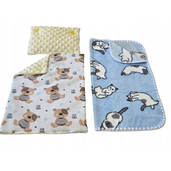 Komplettes Puppenbettwäscheset mit blauem gepunktetem Bezug