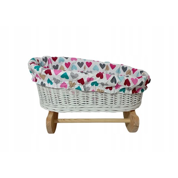 Ecrufarbene Weidenwiege für Puppen mit Leinen, Holz und Stoff, 45x27 cm