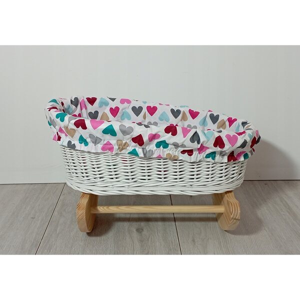 Ecrufarbene Weidenwiege für Puppen mit Leinen, Holz und Stoff, 45x27 cm