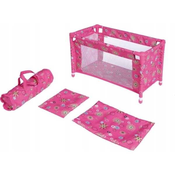 Teddies-Puppenbett mit farbiger Tasche, Kissen und Decke