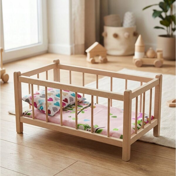 Letto per bambole in legno naturale con materasso e biancheria a cuori colorati