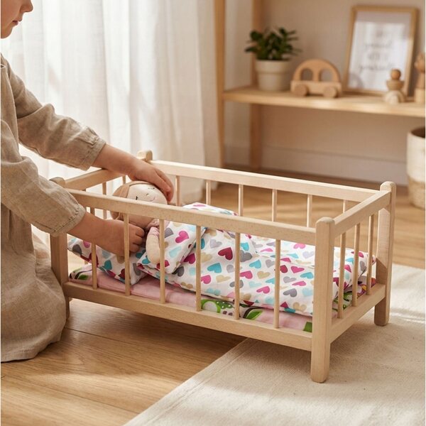 Letto per bambole in legno naturale con materasso e biancheria a cuori colorati
