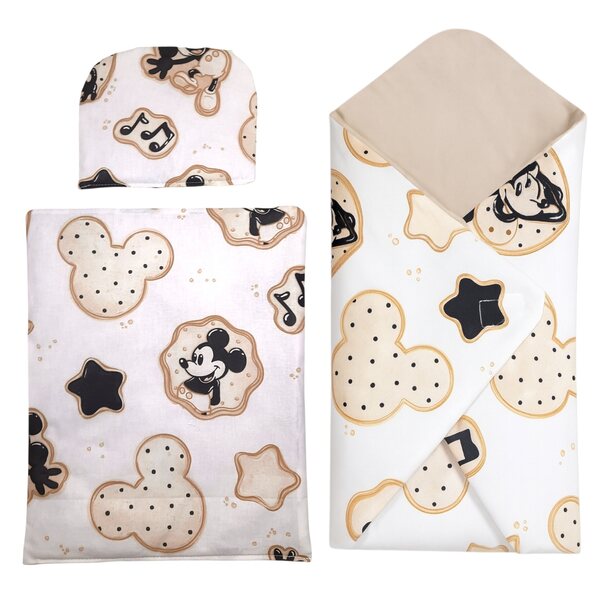 Hochwertiges Mickey-Mouse-Bettwäsche- und Wickeltischset für 40–45 cm große Puppen, handgenäht