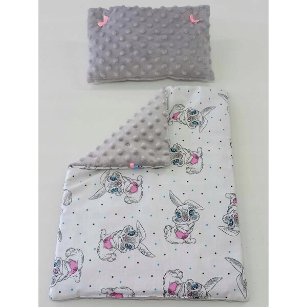 Komplettes Bettwäscheset für Puppen für Kinderbett und Kinderwagen, antiallergisch und farbenfroh.