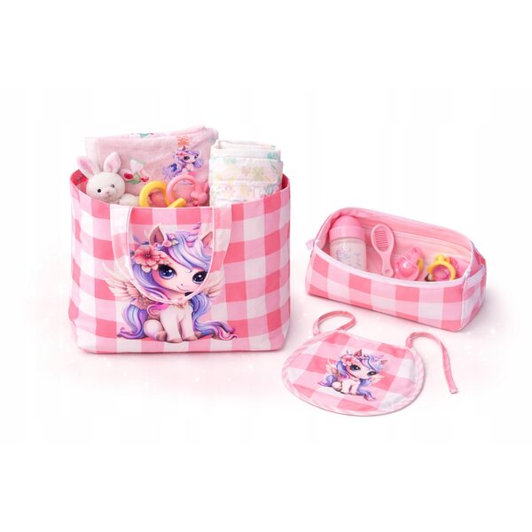 Set Completo per Bambole con Borsa Organizer, Bavaglino e Accessori Rosa