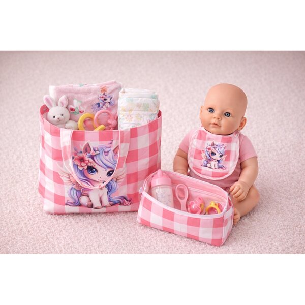 Set Completo per Bambole con Borsa Organizer, Bavaglino e Accessori Rosa