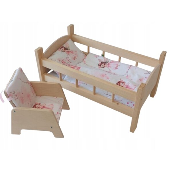 Holzbett mit Bettwäsche und gepolstertem Sitz für Puppen und Stofftiere