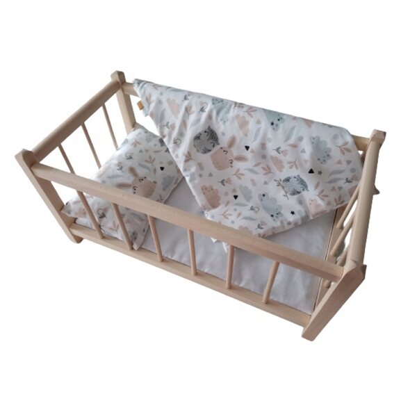 Letto in legno per bambole con biancheria in cotone colorata, 12 mesi+