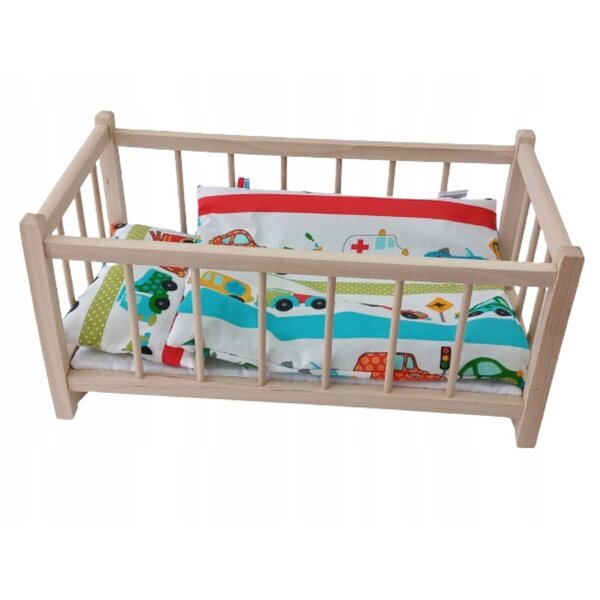 Holzbett für Puppen mit 3-teiligem Baumwoll-Bettwäsche-Set
