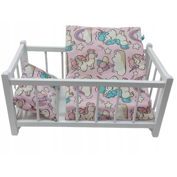 Lettino in legno bianco per bambole con completo piumone unicorno personalizzabile
