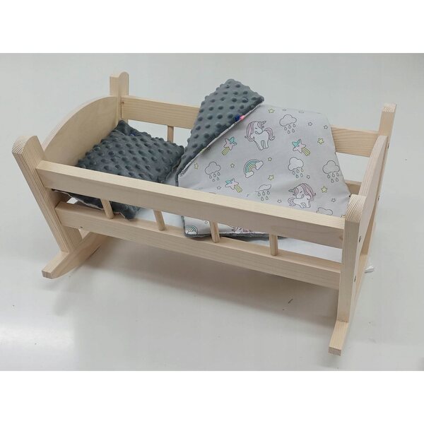 Culla per bambole in legno con biancheria da letto antiallergica double face, 54 cm