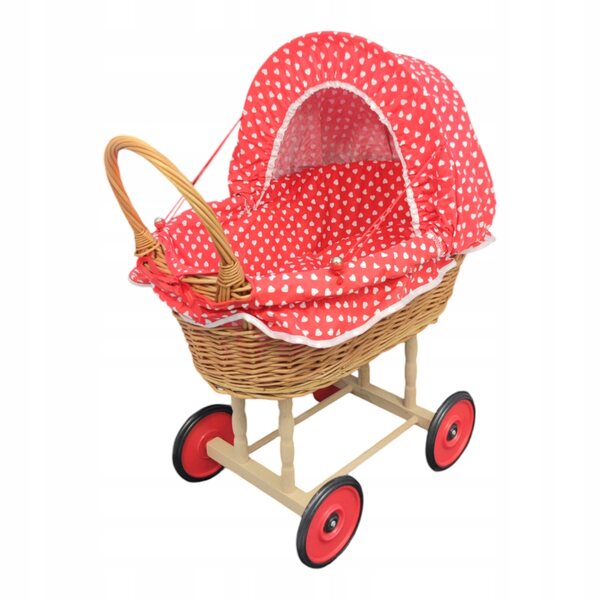 Culla per bambole in legno e vimini con biancheria colorata 55 cm