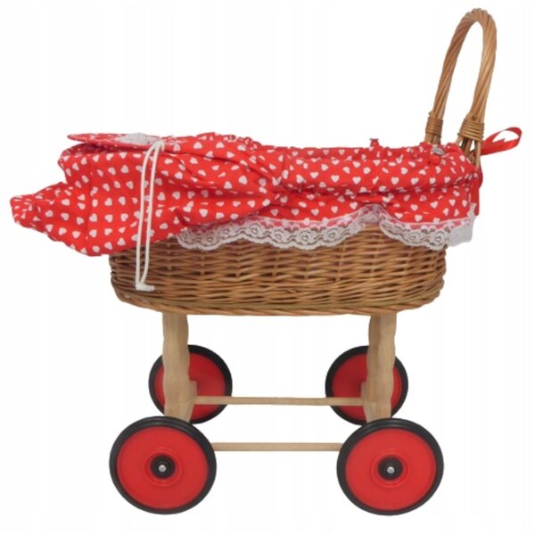 Culla per bambole in legno e vimini con biancheria colorata 55 cm