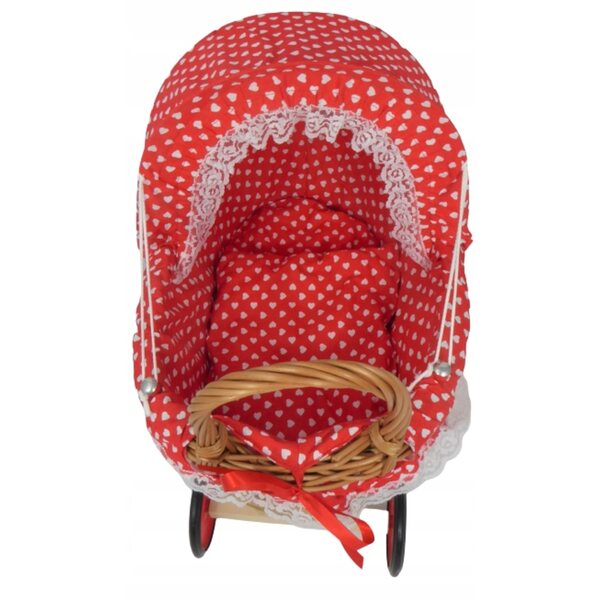 Culla per bambole in legno e vimini con biancheria colorata 55 cm