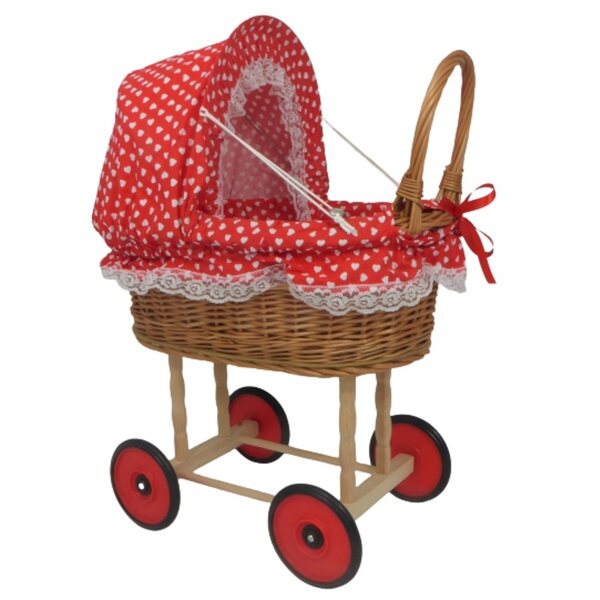 Culla per bambole in legno e vimini con biancheria colorata 55 cm
