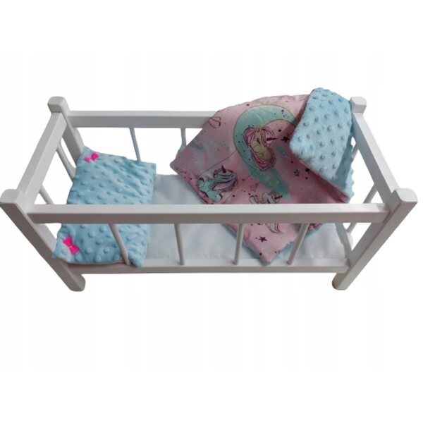 Lettino bianco in legno per bambole con set completo di biancheria da letto