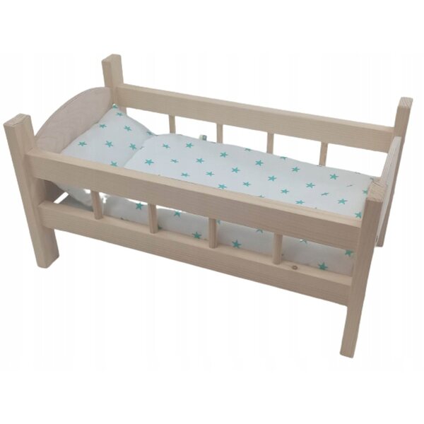 Großes Puppenbett aus Holz mit 3-teiligem Bettwäscheset