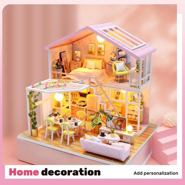 Casa delle bambole in legno fai da te Jokapy, kit miniatura decorativo 22x19,5x17,5cm