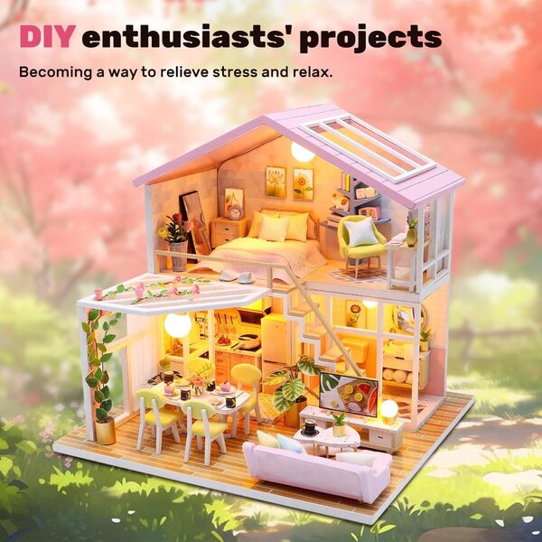 Casa delle bambole in legno fai da te Jokapy, kit miniatura decorativo 22x19,5x17,5cm