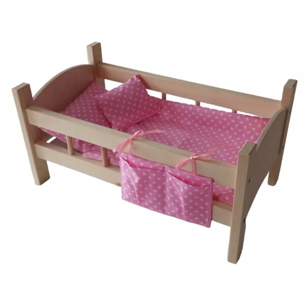 Lettino in legno per bambole con set di biancheria 5 pezzi e organizer