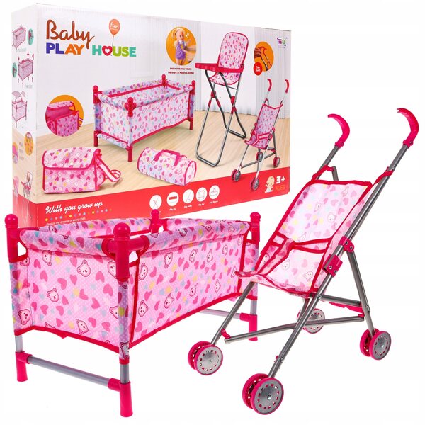 Ramiz Puppenzubehör-Set mit Kinderbett, Kinderwagen und Hochstuhl für Kinder ab 3 Jahren