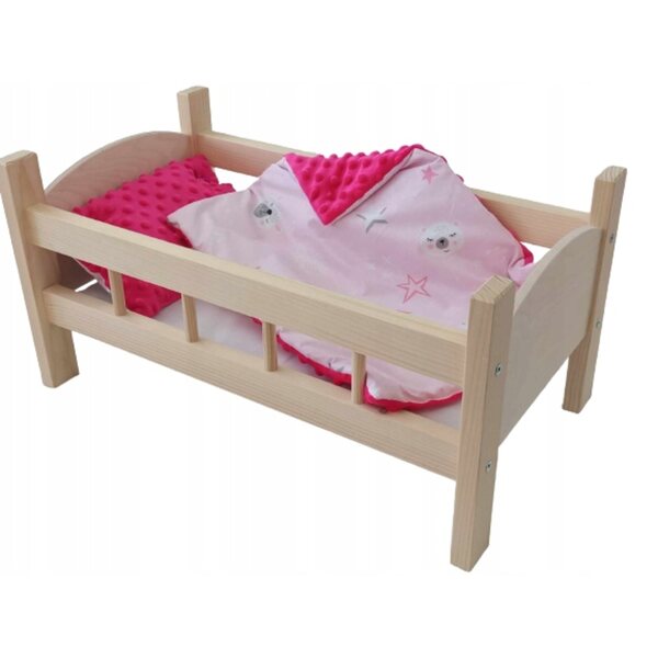 Holzbett für Puppen mit kompletter bunter und hypoallergener Bettwäsche